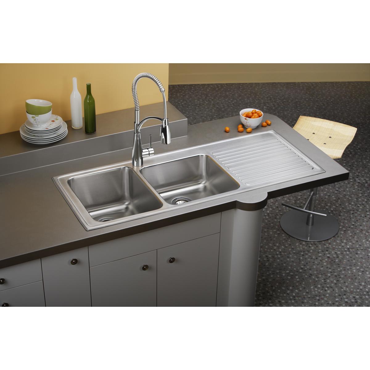 Elkay Lustertone SS 54 X 22 X 10 Offset Double Drop In Sink W Drainboard   ILGR5422L0 2 